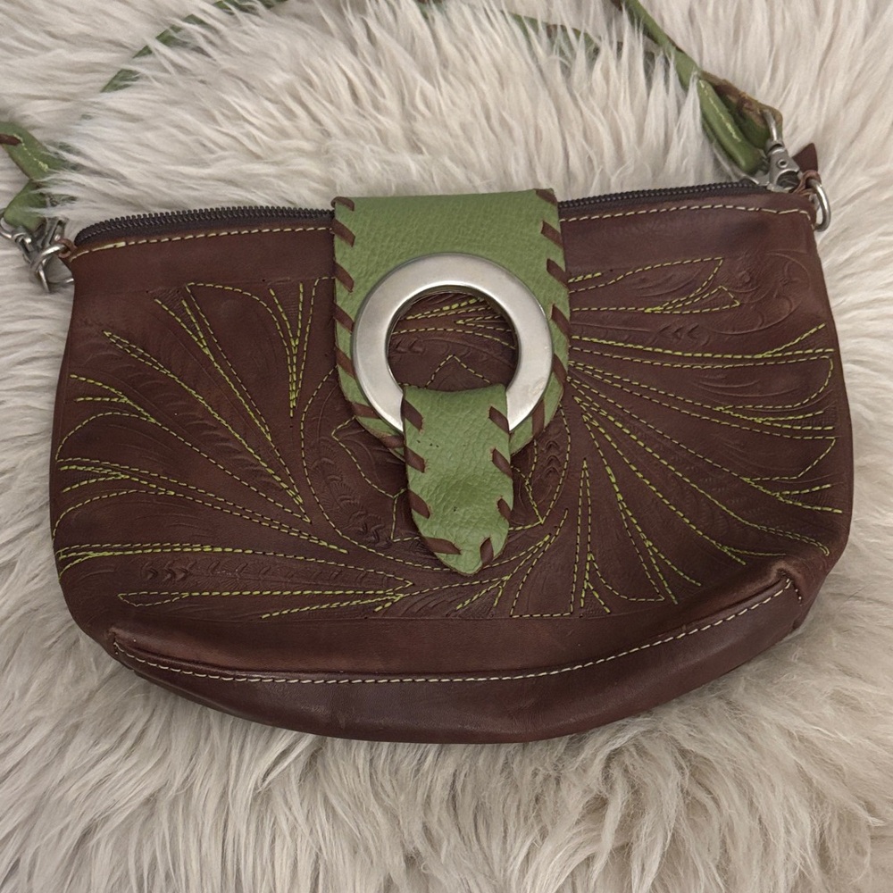Brown and Green Leather Women's Bag